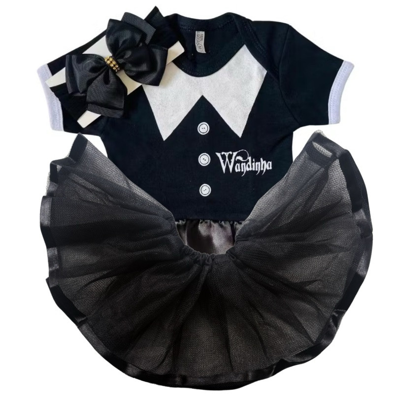 Body e Banho de Sol bebê Halloween Temático Mesversário Família Addams Wandinha