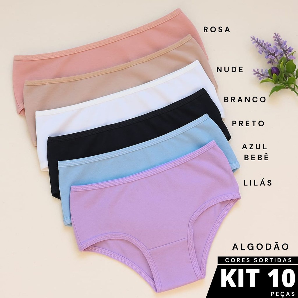 Kit 10 Calcinhas Juvenil Infantil Cotton Algodão Básica Dia a Dia Alto Conforto Qualidade Juju em Oferta na Shopee