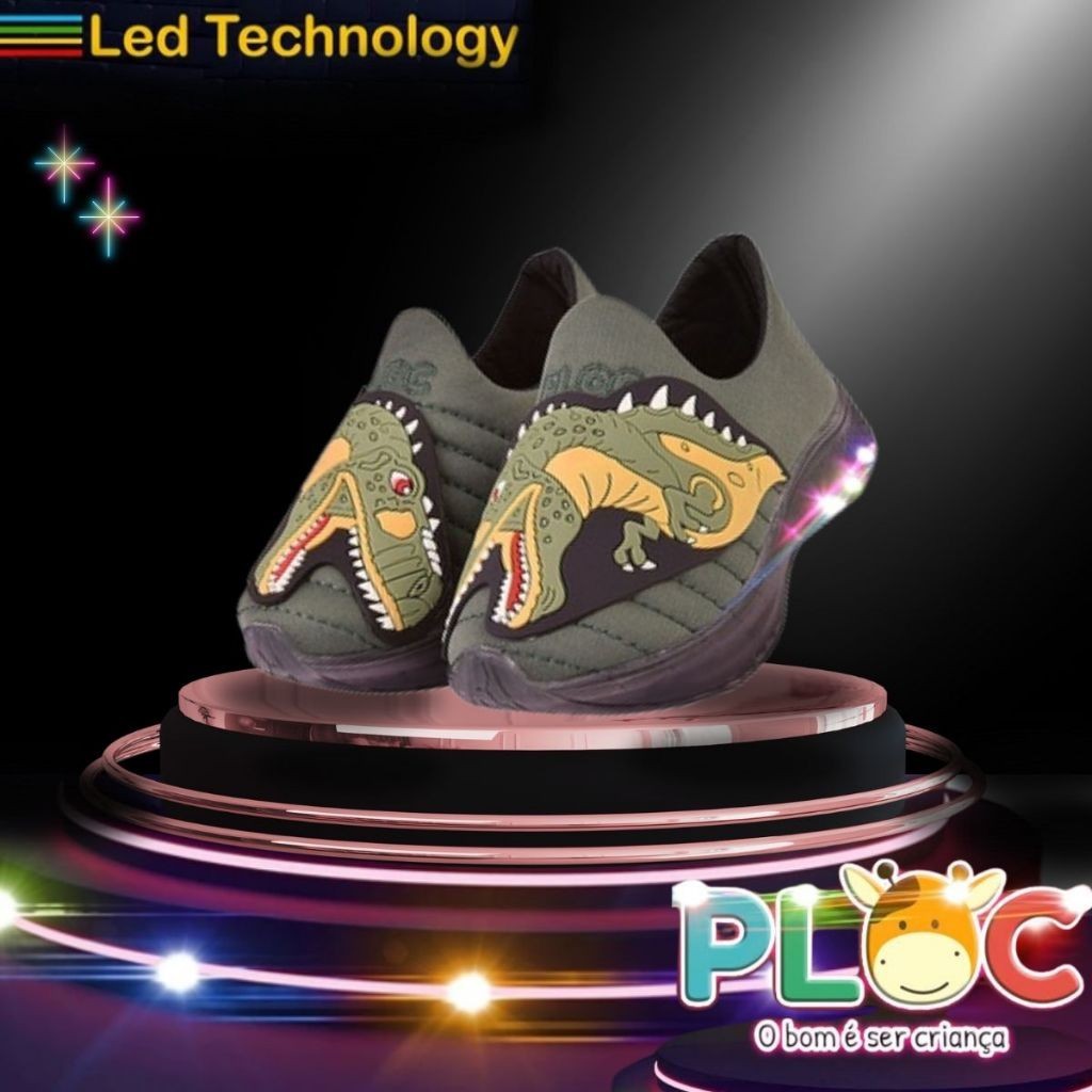 Tênis Led Infantil Luzinha PLOC LED39 - VERDE DINOSAURO REX Menino Calce Fácil Anatômico