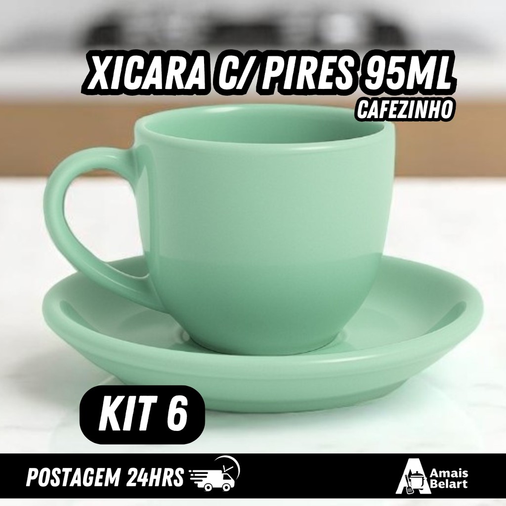 KIT 6 Xícara de 95ml com Pires – Porcelana Verde, Conjunto Elegante, Micro‑ondas e Lava‑louças