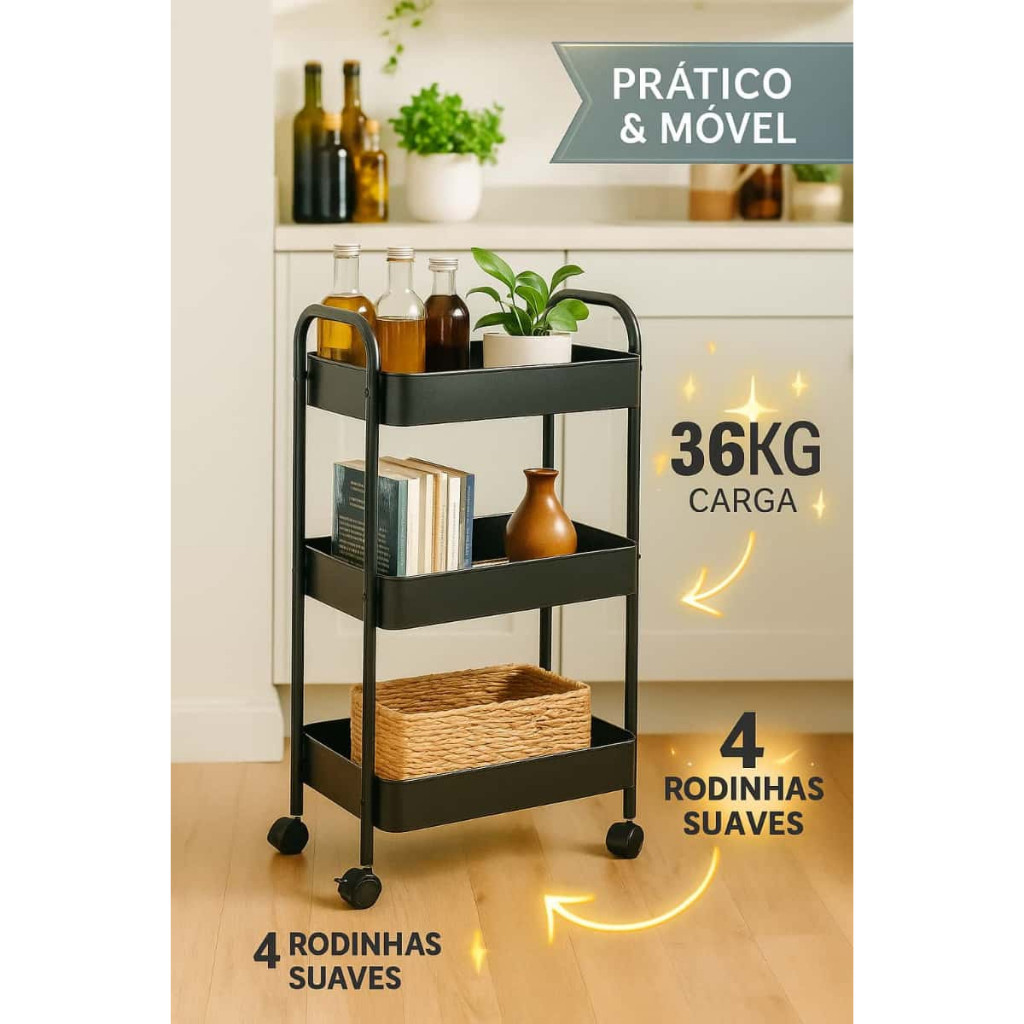 Carrinho com Rodinhas Multiuso – Compacto, Resistente e Ideal p/ Cozinha e Banheiro