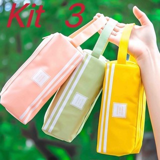 Kit 3 estojo portátil de lona de papelaria dupla camada
