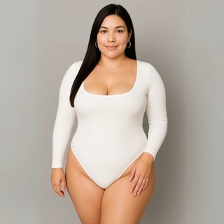 Body Feminino Plus Size Decote Quadrado Bori Suplex Manga Longa Casual para mulheres