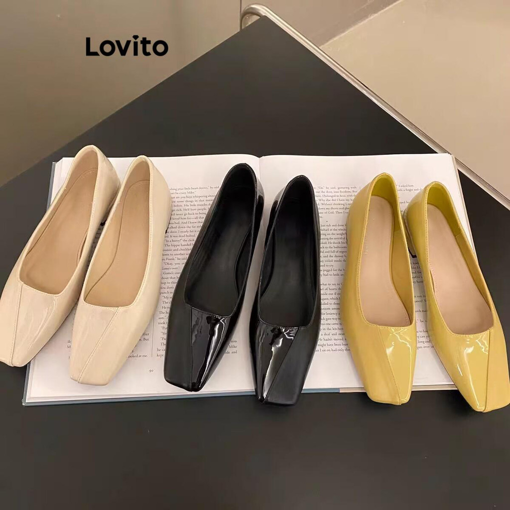 Lovito Casual liso Retro simples cabeça quadrada fundo macio luz confortável balé plano para mulher LFA72219 - Women Shoes
