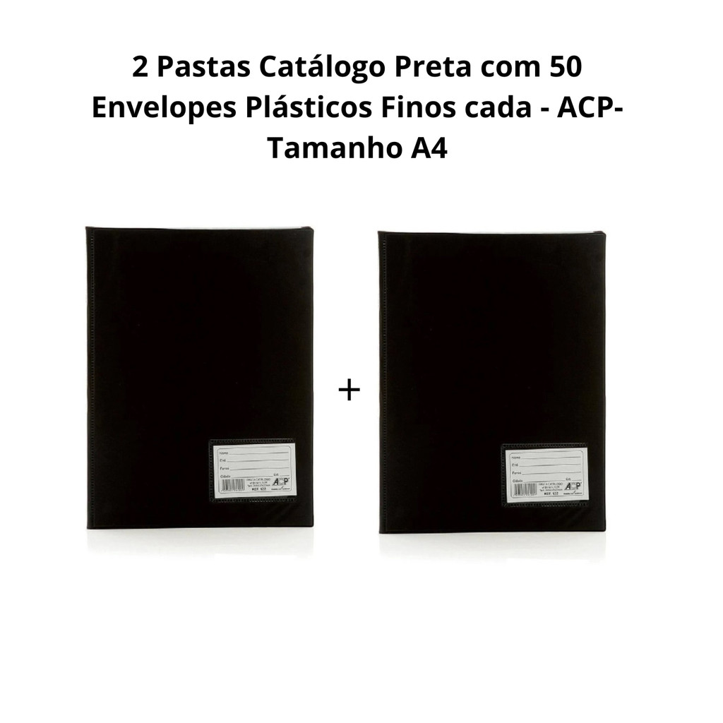 2 Pastas Catálogo Preta com 50 Envelopes Plásticos Finos cada - ACP- Tamanho A4