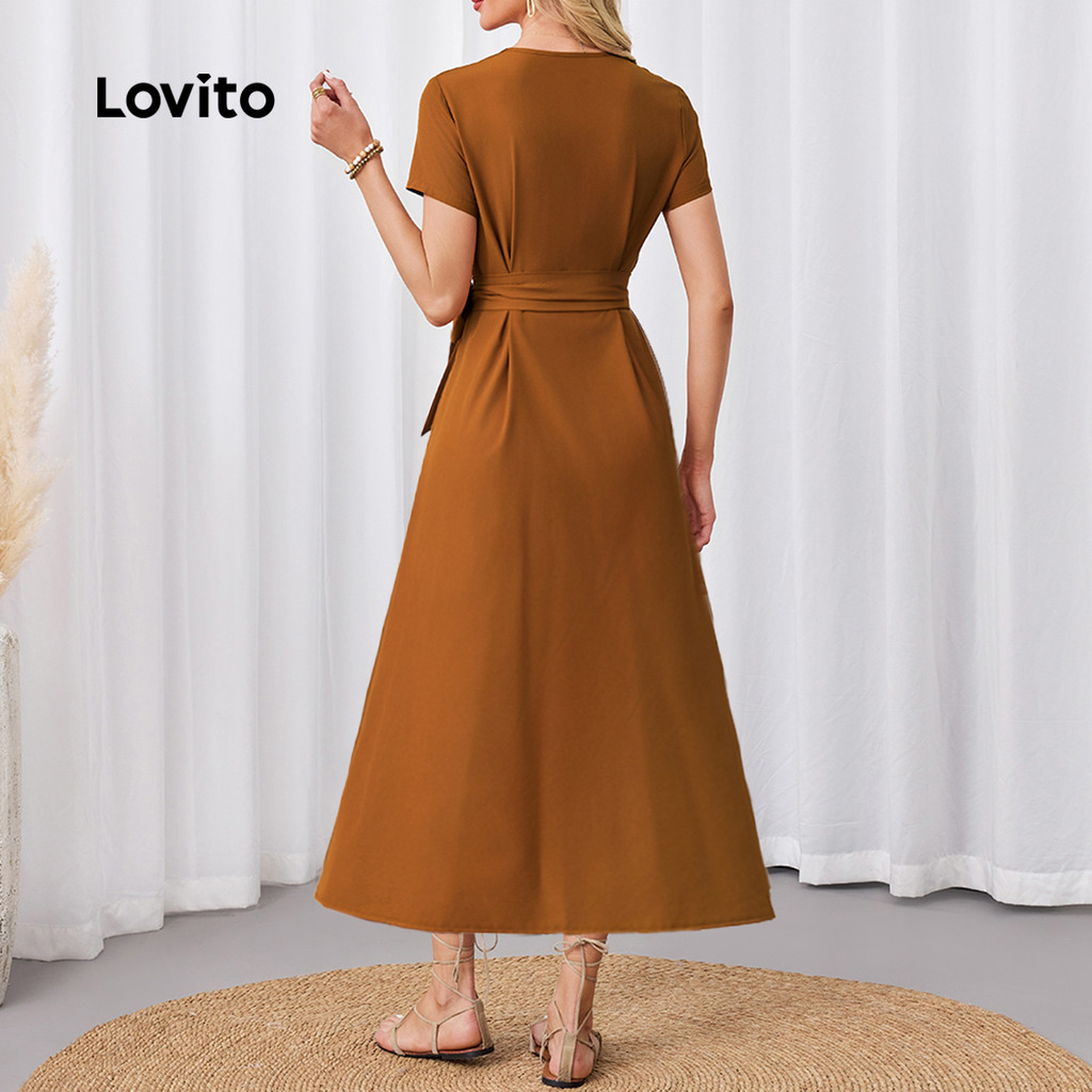 (Trendy) Lovito Vestido Casual liso com amarração frontal e botão para mulheres LBL23902 - Women Clothes