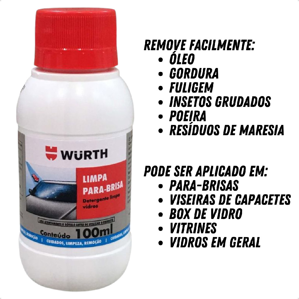 Limpa Para Brisas e Viseiras 100ml Wurth Limpa Vidros Concentrado Box de Vidro Vitrines