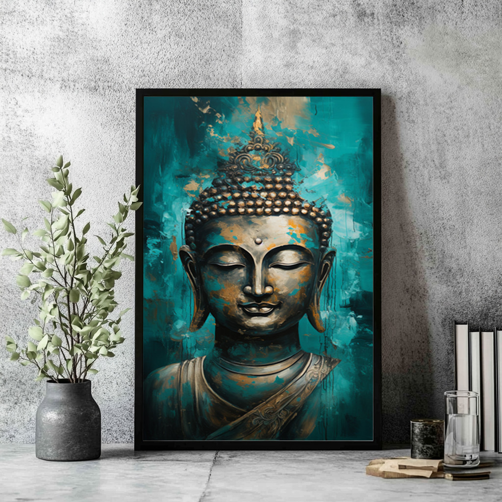 Imagem Quadro Decorativo Buda Azul com Fundo Abstrato Pintura Espiritual e Contemplativa com Moldura