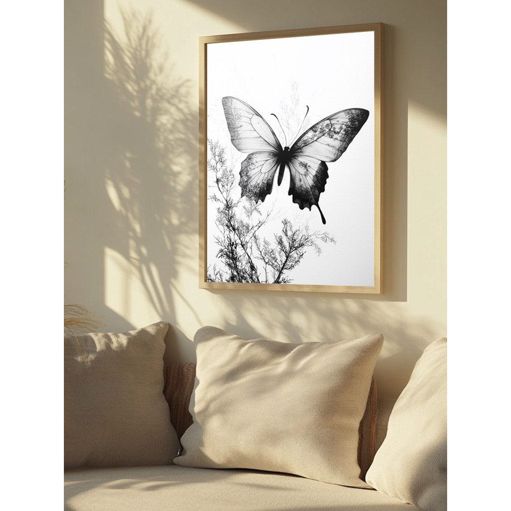 Quadro Decorativo Borboleta Preta e Branca com Galhos Finos Arte Minimalista com Moldura em Oferta na Shopee