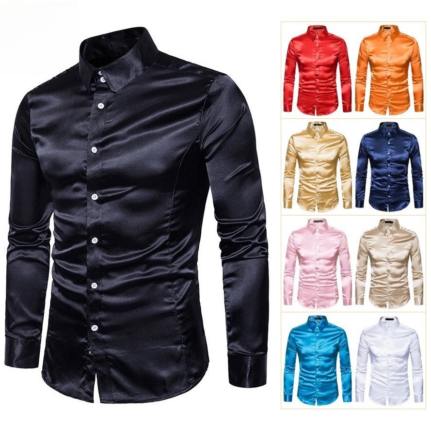 Camisa Masculina De Cetim Com Gola Virada De Manga Comprida Slim Fit Cor Lisa Para Social Casual Casamento Festa em Oferta na Shopee