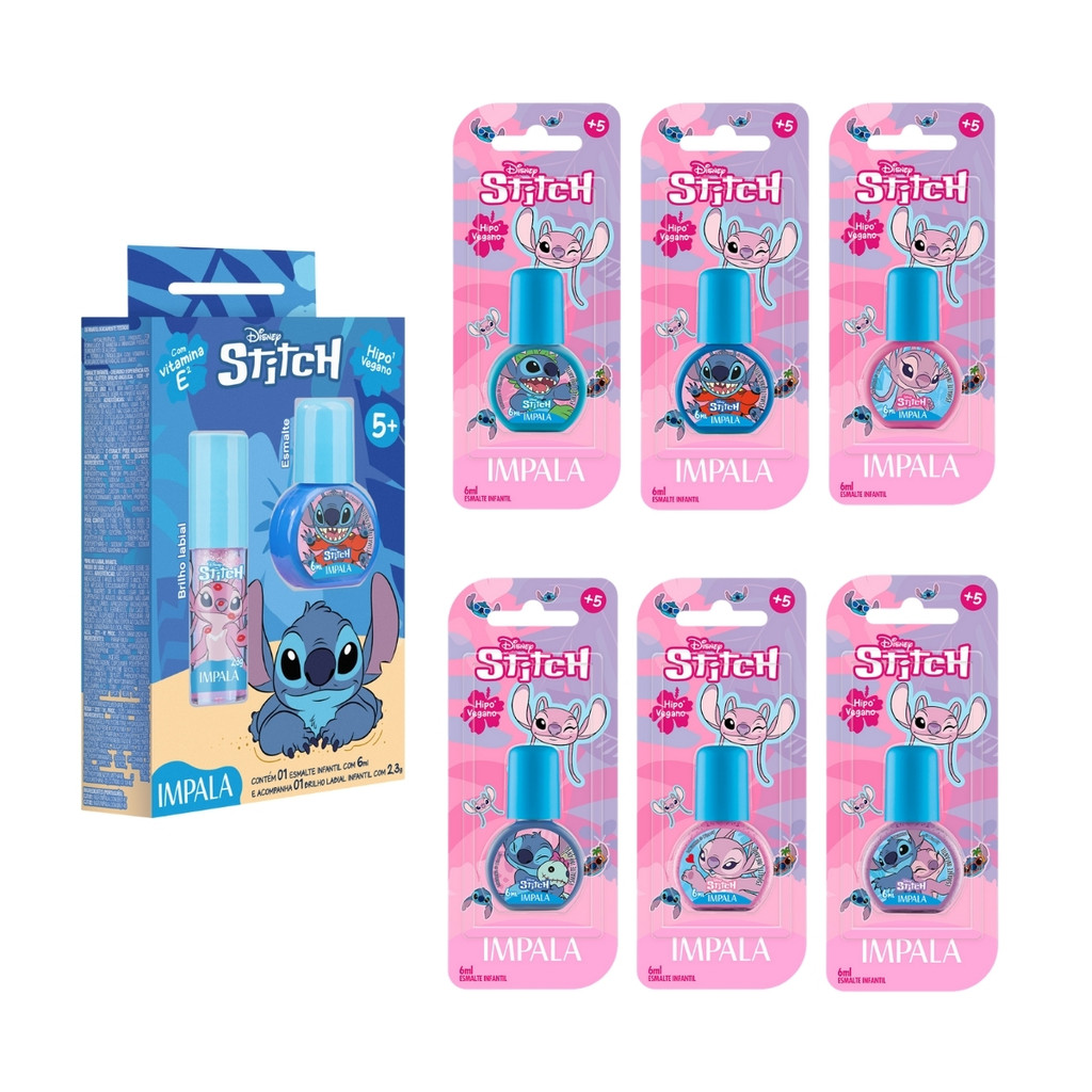 Kit Esmalte Impala Brilho Labial Chiclete Kids Stitch Disney