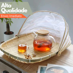 Cesto Porta Pães Bolo Frutas Piquenique Bambu Cobertura Tela Retrátil Retângular