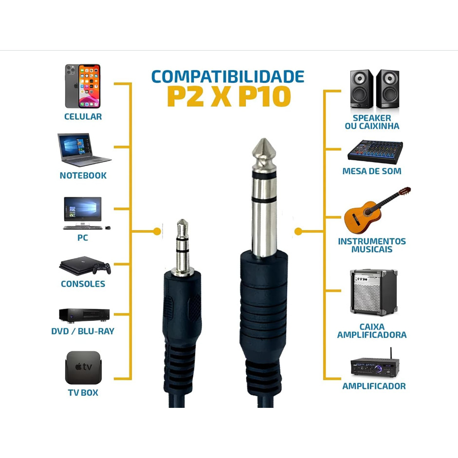 Cabo de Áudio Auxiliar P2 para P10 Estéreo 3 Metro, para DJ, Mesa de Som, Fone, Amplificador em Oferta na Shopee