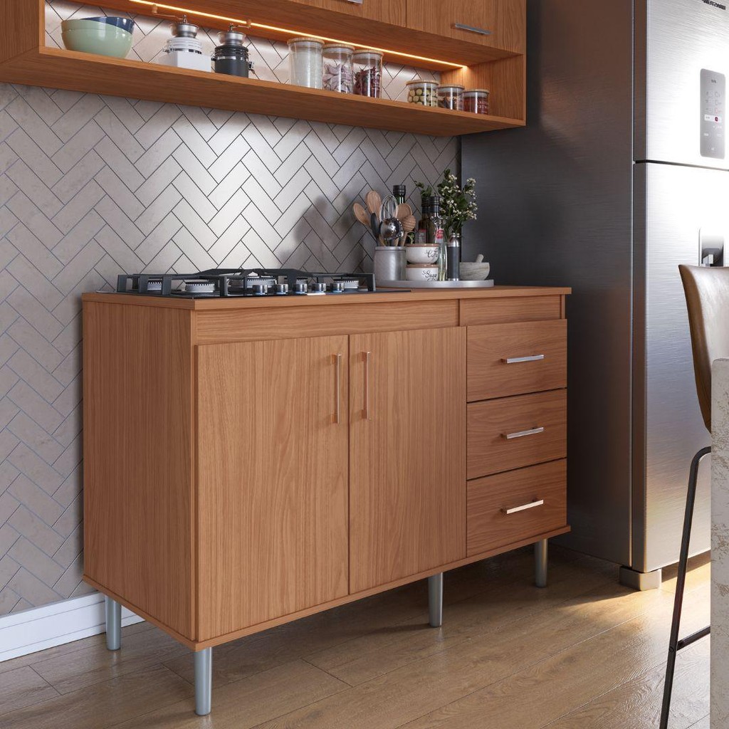 Balcão Armário Aparador Para Cooktop 5 Bocas Cozinha 1,20m  2 Portas E 3 Gavetas Turim Nature