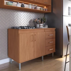 Balcão Armário Aparador Para Cooktop 5 Bocas Cozinha 1,20m 2 Portas E 3 Gavetas Turim Nature