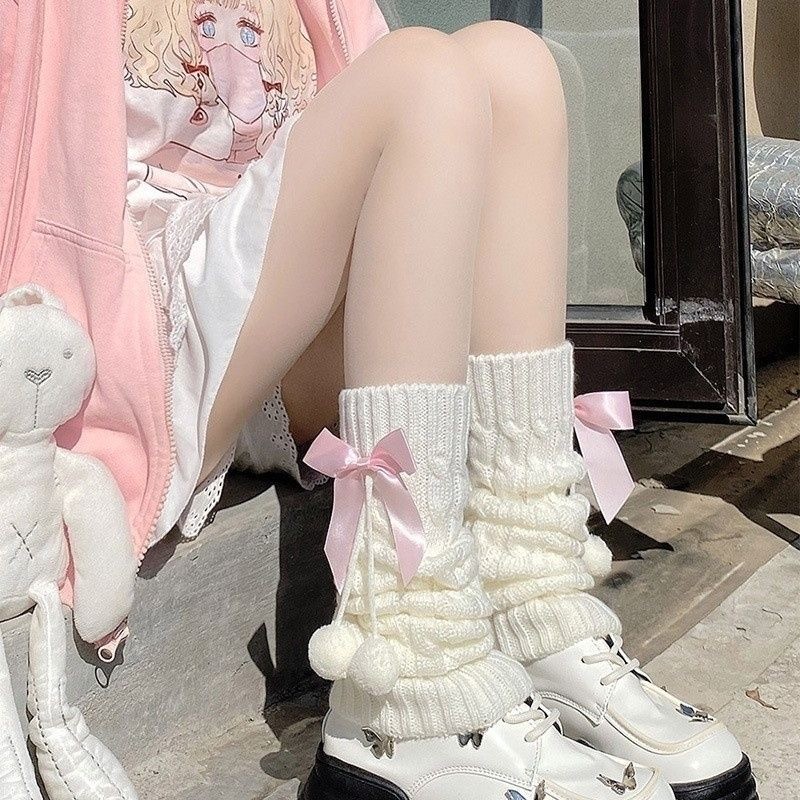 Meias Fofas Lolita Bowknot Fur Ball Empilhando Todos Os Dias , Capas De Pernas De Malha