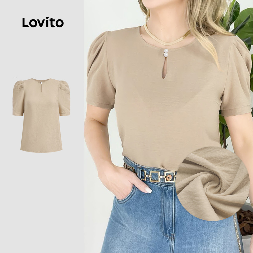 Lovito Blusa Casual Lisa Gota De Água Plissada Verão Primavera Cáqui Para Mulheres L134ED278 em Oferta na Shopee