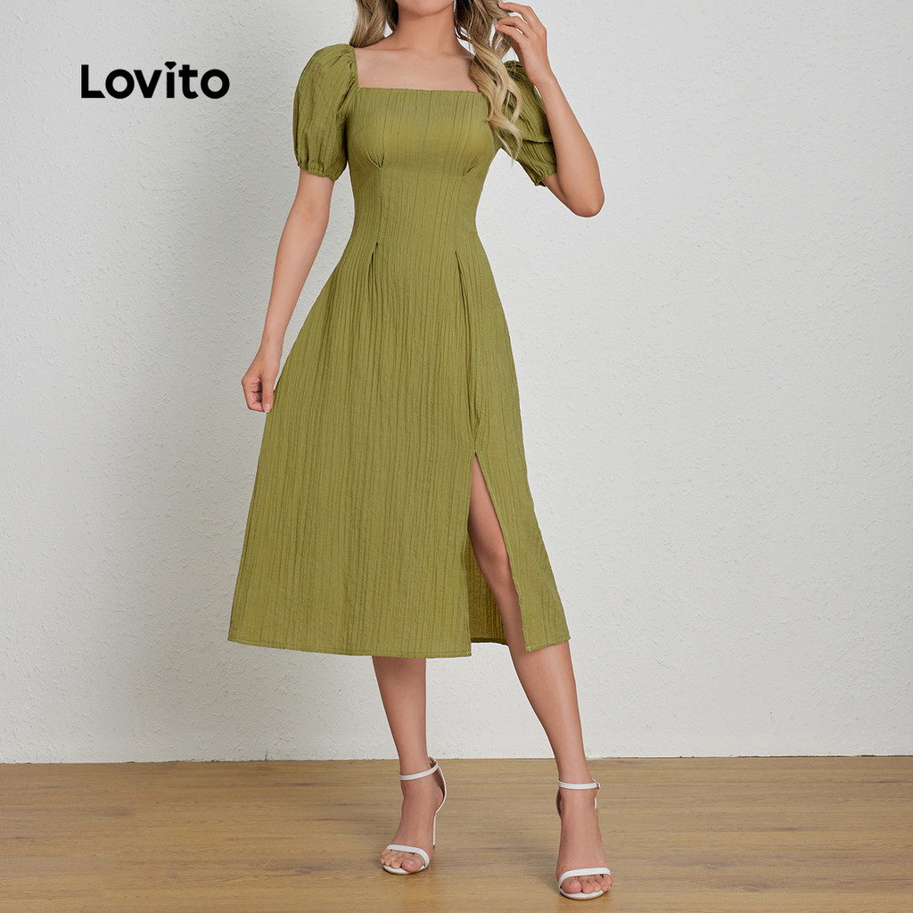 Detalhes do (Trendy) Lovito Vestido Casual Liso Jacquard Dividido Na Frente Verão Primavera Mostarda Amarelo Para Mulheres LBL25242