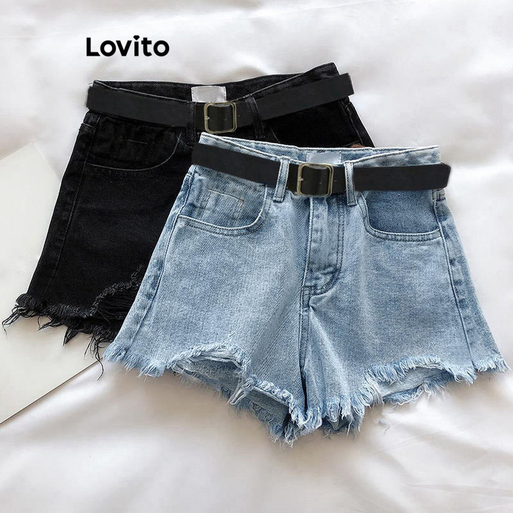 Lovito Short Jeans Casual Com Franjas Lisas Para Mulheres LNL69225 - Women Clothes
