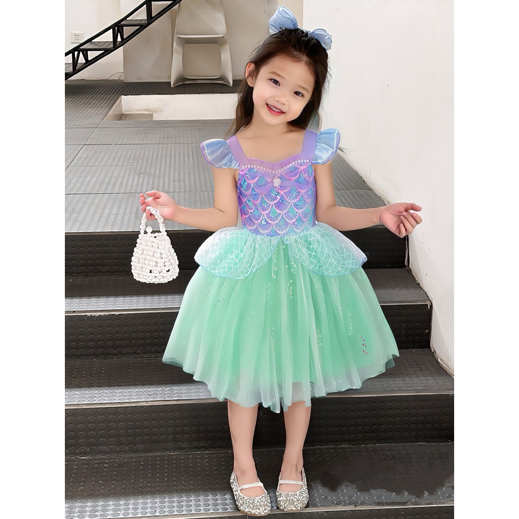 Crianças Menina Sereia Vestido 2025 Moda Manga Curta Doce De Princesa Verão Casual Roupa De Aniversário em Oferta na Shopee