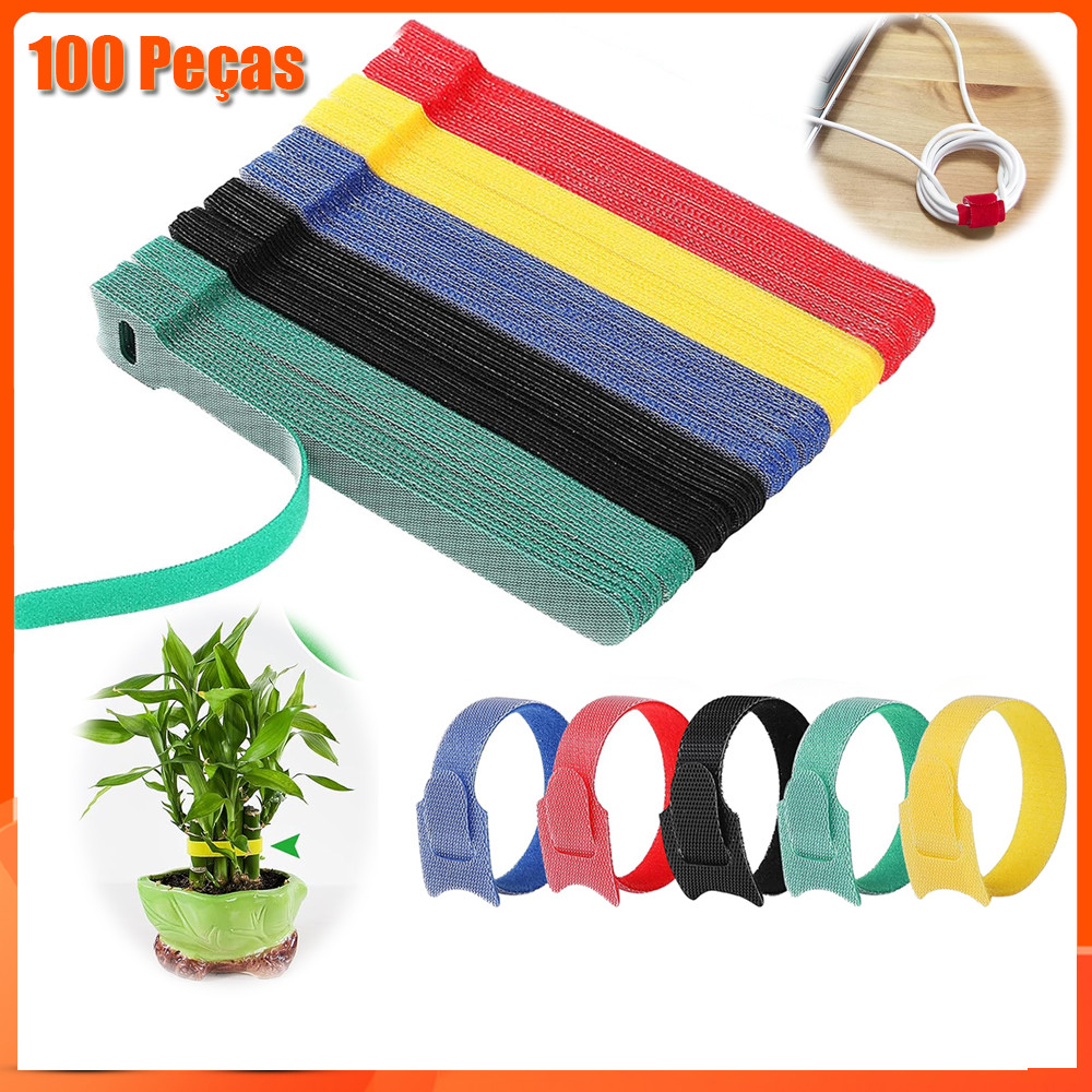 100 Peças  Organizador de Cabos Fios Fita Abraçadeira Velcro Preto Branco Informática Flexível 150mm x 12mm
