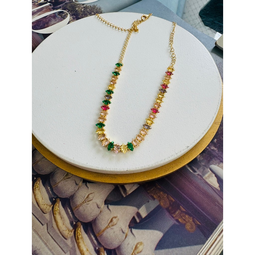 Choker gargantilha riviera colorida folheada  ouro 18k colar luxo zirconia navete colar de blogueira
