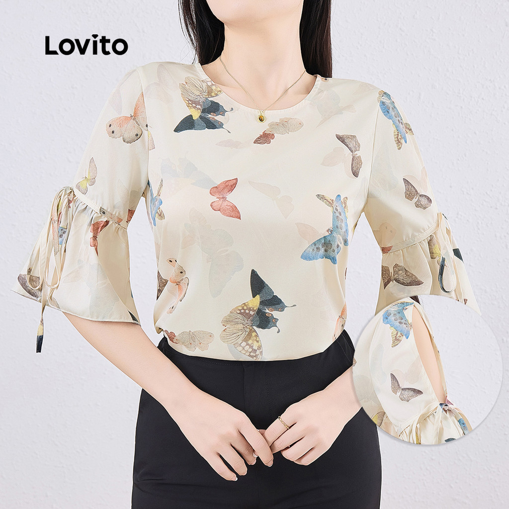 Lovito Blusa Elegante Com Babados E Borboleta Para Mulheres L133ED1082 - Women Clothes