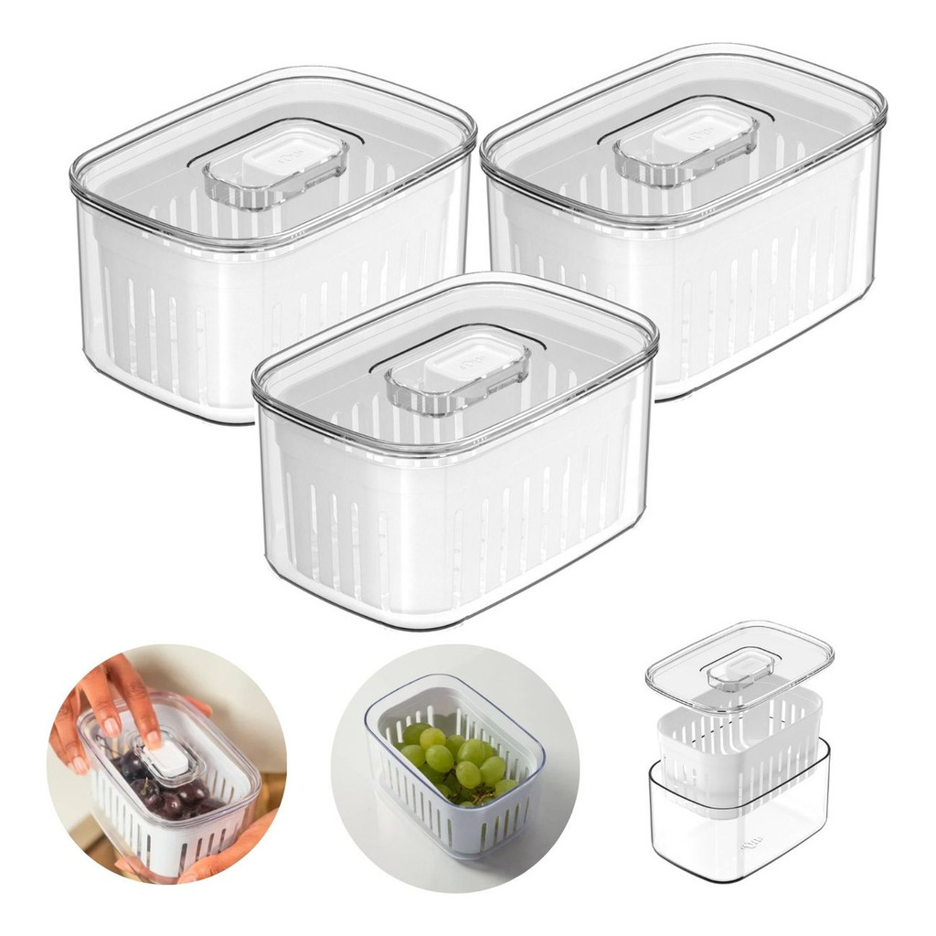 3UN KIT Organizador com cesto OU 650ml Linha Clear Fresh Porta Frutas Legume Empalhável