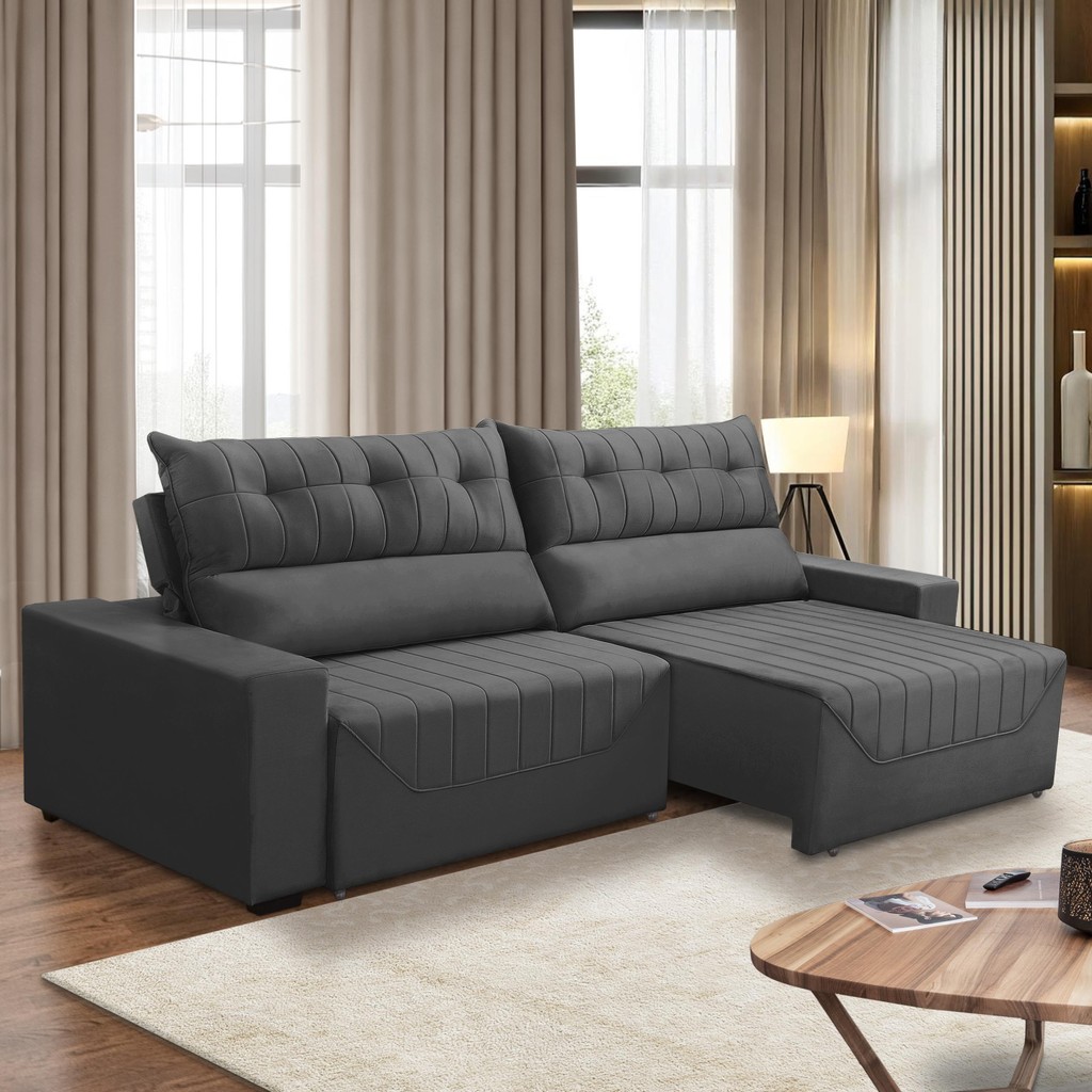 Sofá Retrátil e Reclinável 5 Lugares 3,00m Antonella Veludo Cinza Adonai Estofados em Oferta na Shopee