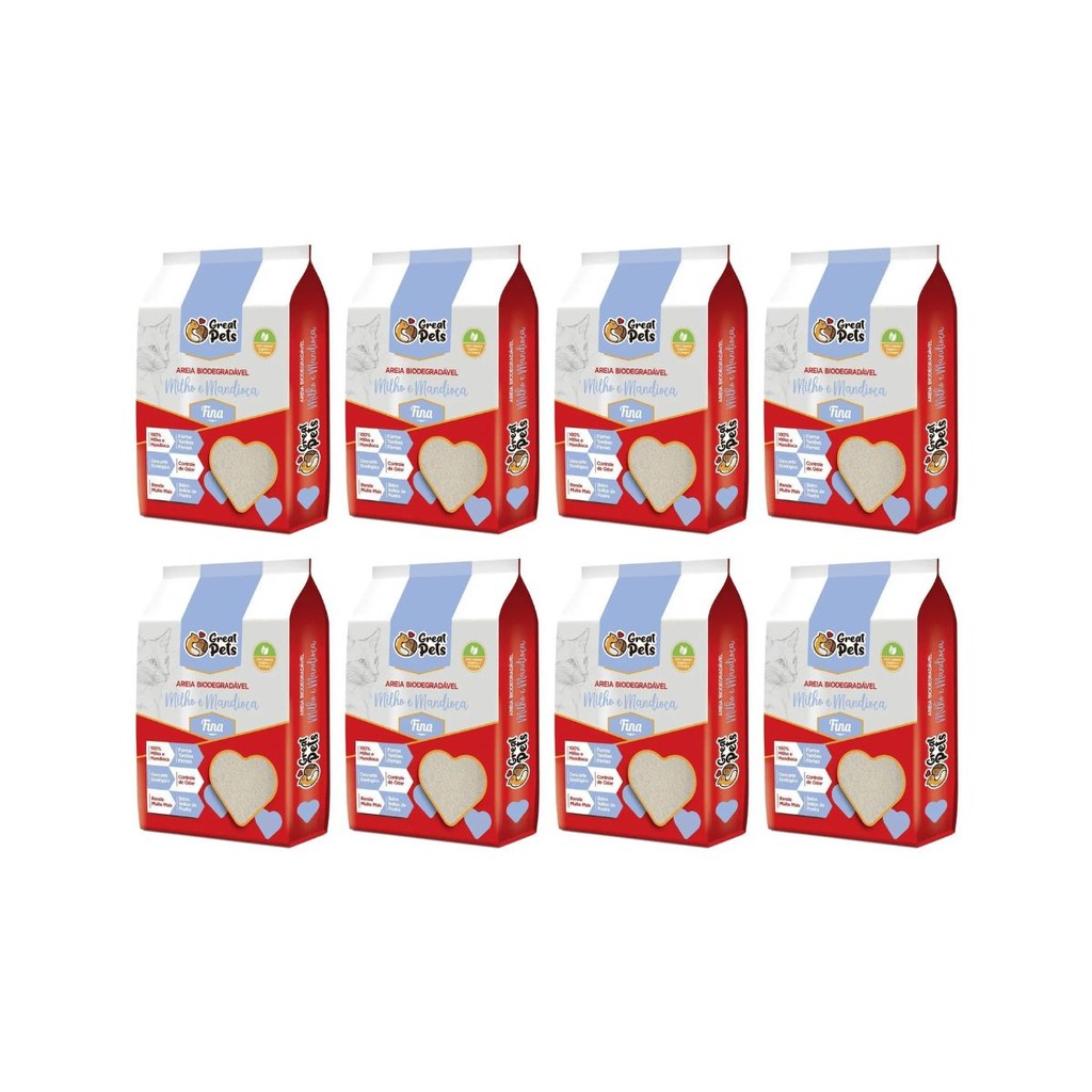 Kit Areia Higiênica Biodegradável Great Pets Gatos 16 Kg (8 pacotes de 2 kg) - Grãos Finos - Pets