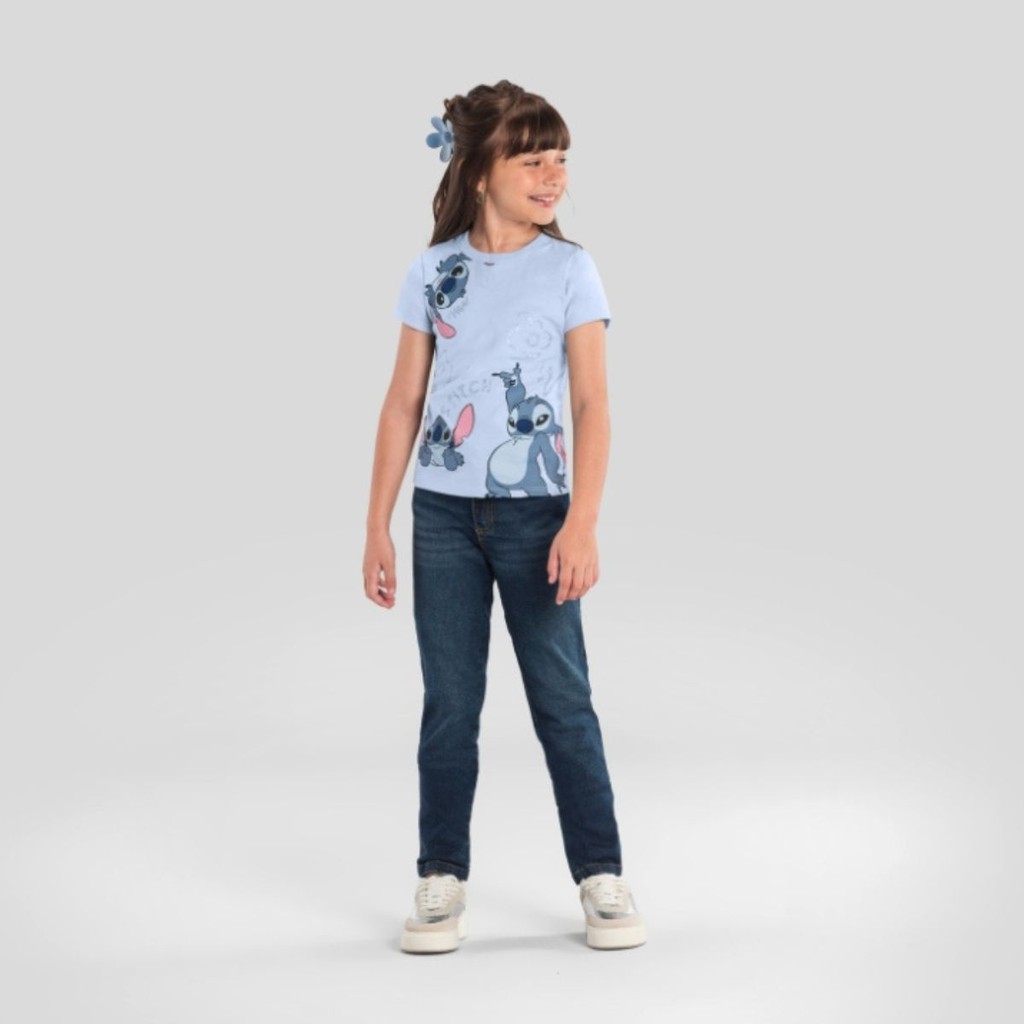 Blusa Meia Malha Infantil Menina Stitch Azul - Brandili