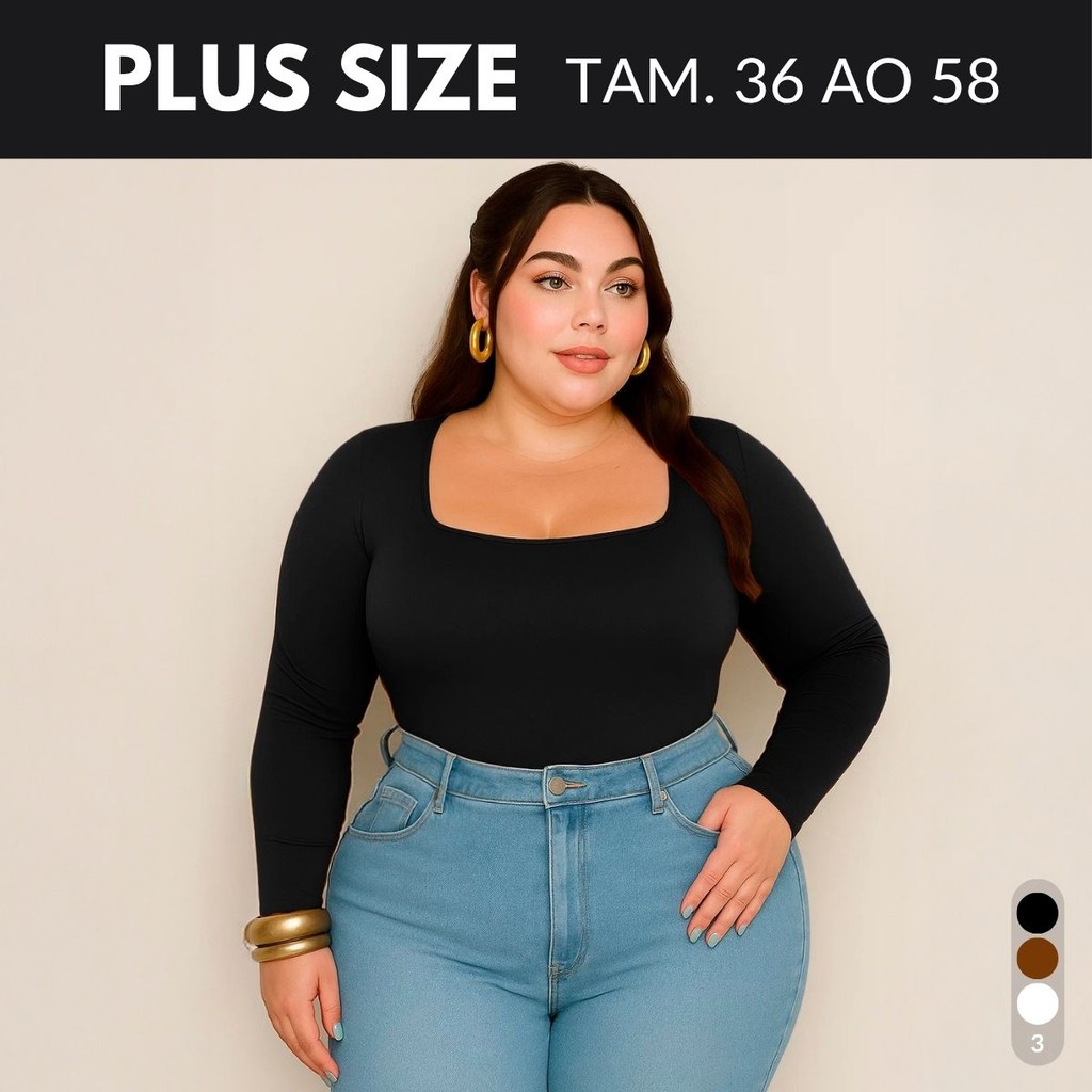 Body Manga Longa Plus Size Decote Quadrado Body Feminino Body Preto Body Marrom Suplex