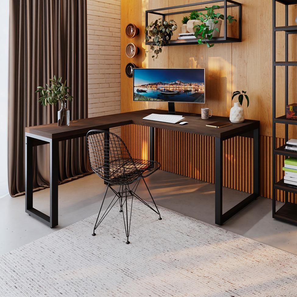 Mesa de Escritório em L Miguel Marrom Escuro e Preta 150x150 cm em Oferta na Shopee