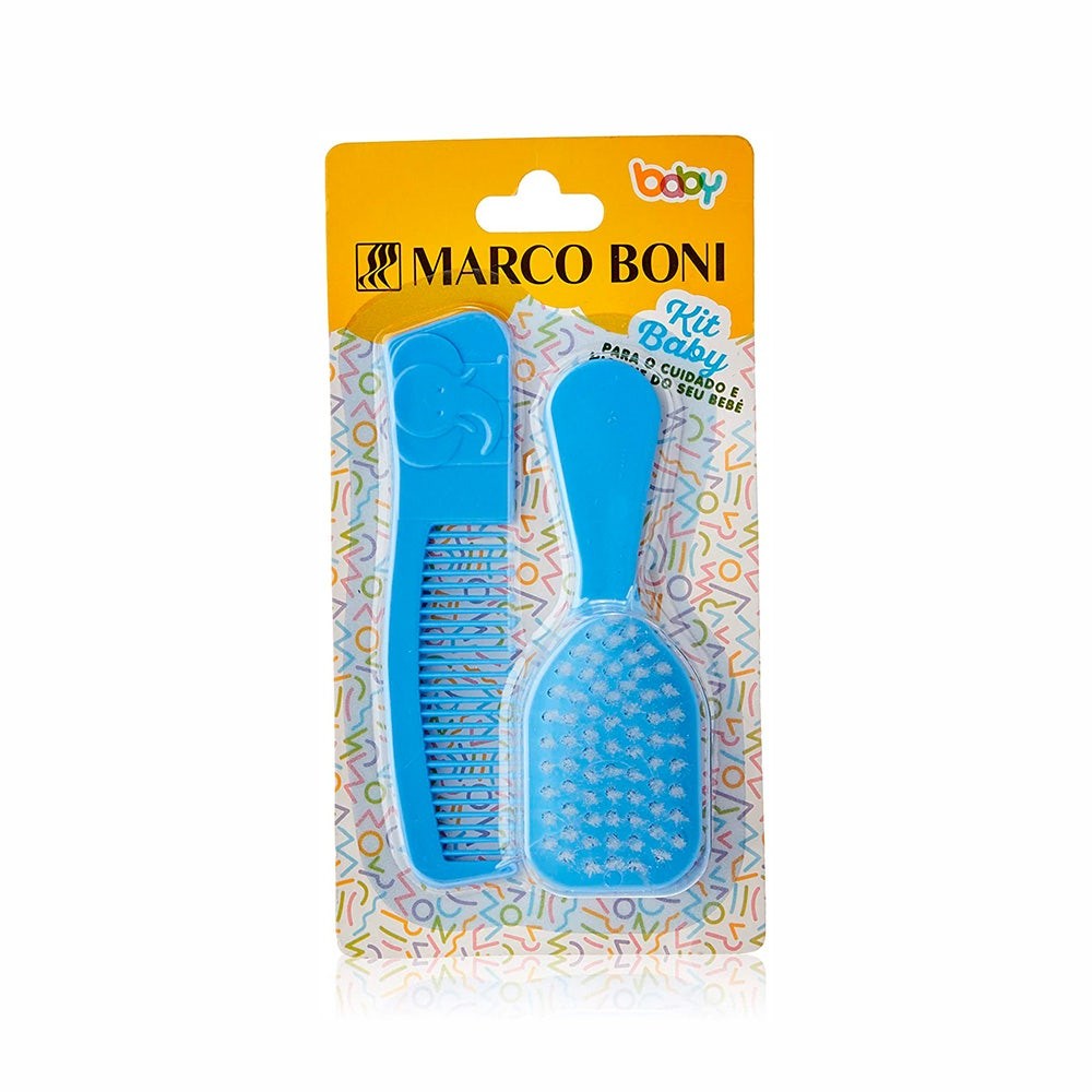 KIT INFANTIL MARCO BONI ESCOVA E PENTE DE CABELO ELEFANTINHO BLUE