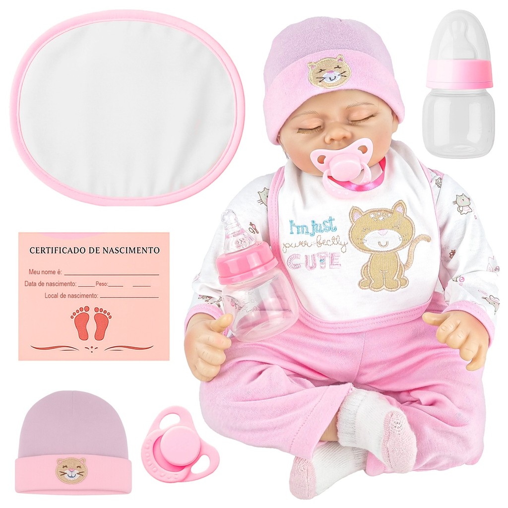 Boneca Bebê Reborn Realista Deitada Soninho Com Chupeta Magnética Mamadeira E Certidão - Fênix Brinquedos