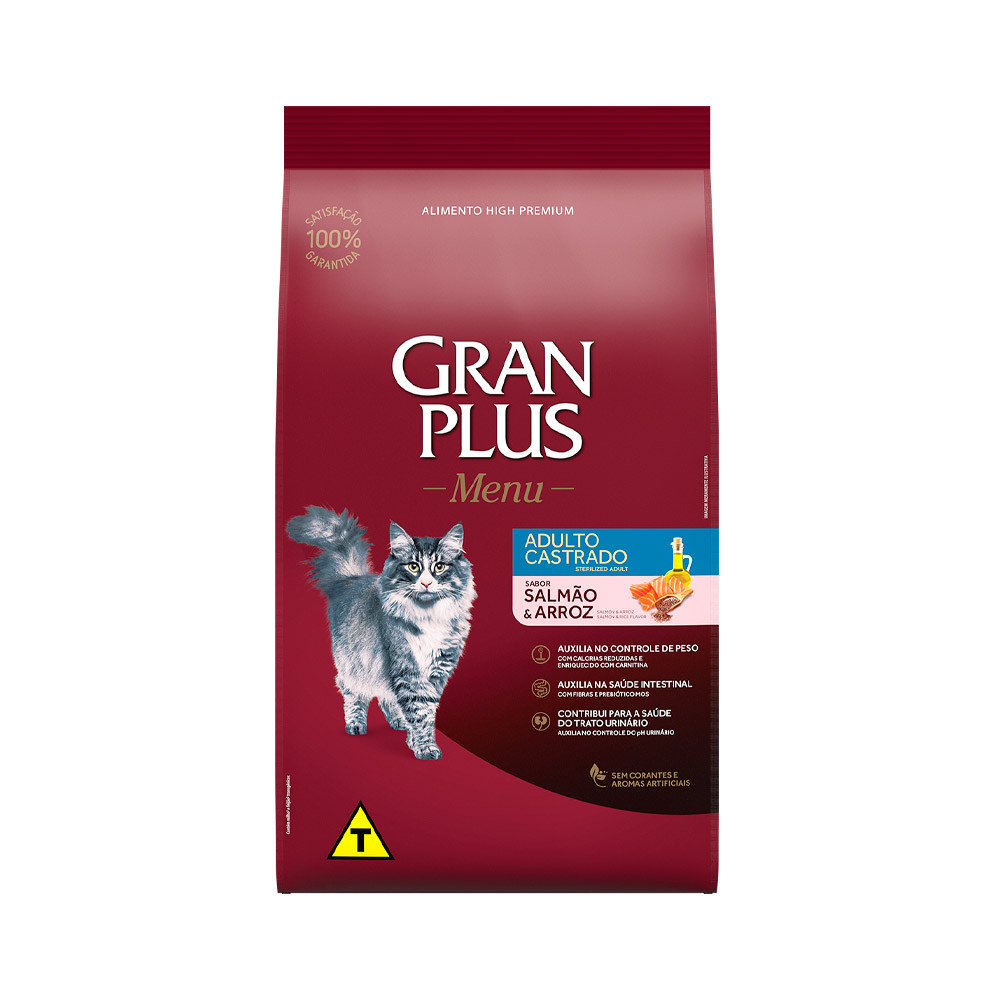 Ração Granplus Menu para Gatos Castrados sabor Salmão e Arroz - 10,1kg