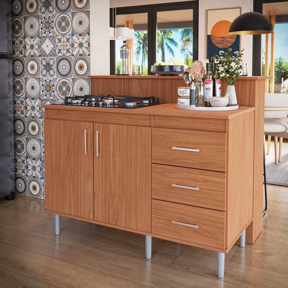 Balcão Para Cooktop 1,20m 5 Bocas 2 Portas E 3 Gavetas Turim Com Ilha Bancada Divisor de Ambientes