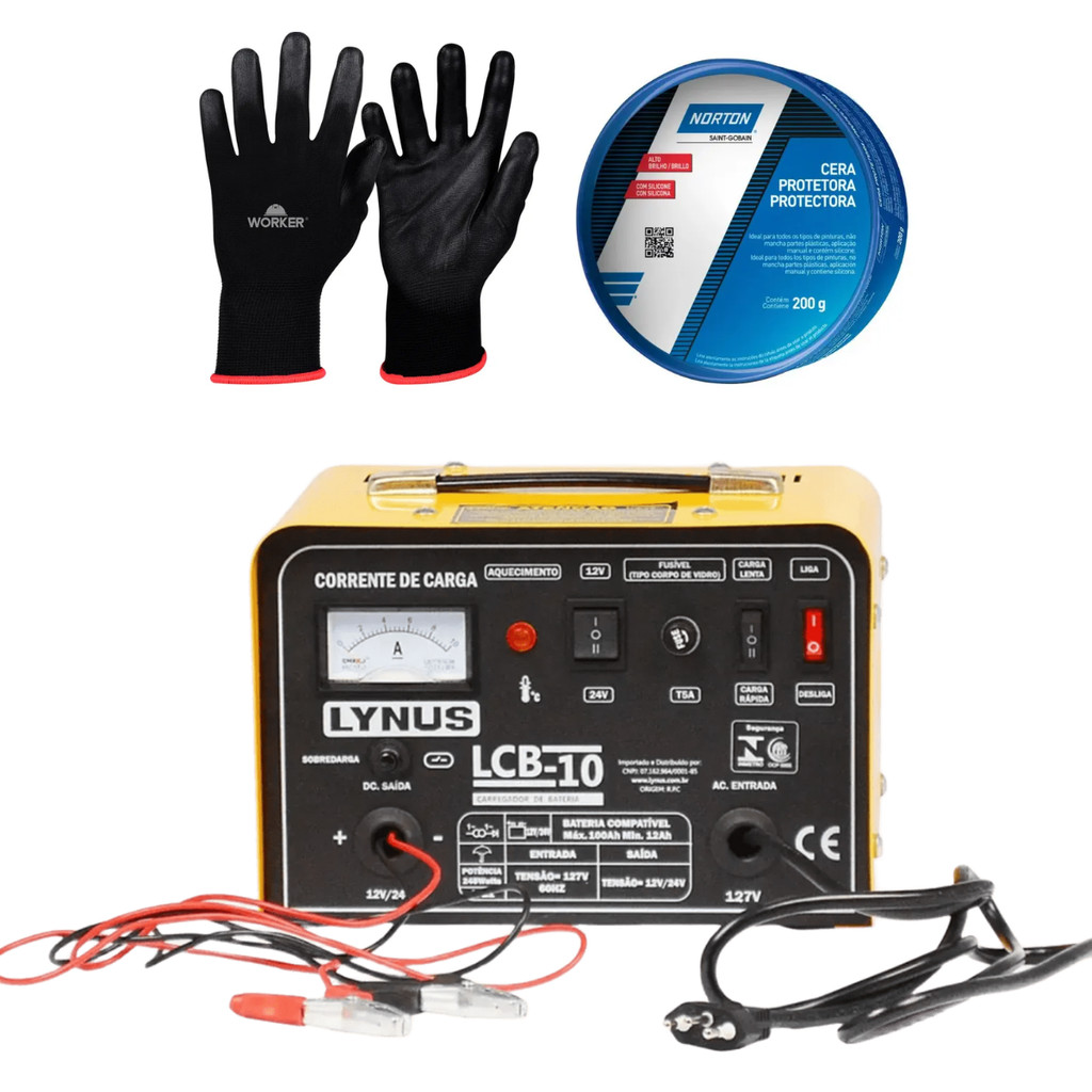 Carregador De Bateria para Carro ou Caminhão Profissional 12V ou 24V LCB10 Lynus 127V + Cera Automotiva + Luva