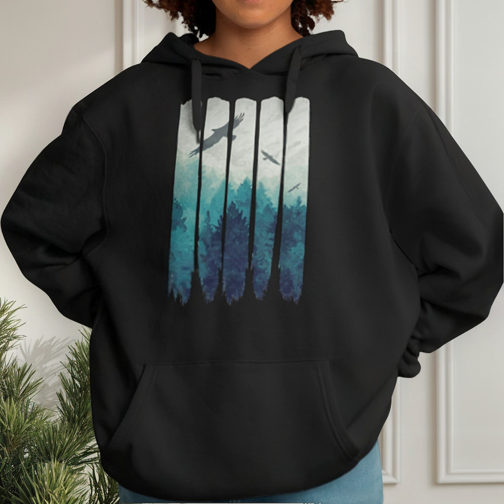 Moletom Feminino Unissex Masculino Azul Preto Branco Floresta Arvores Passaros Pintura Aguia Aves