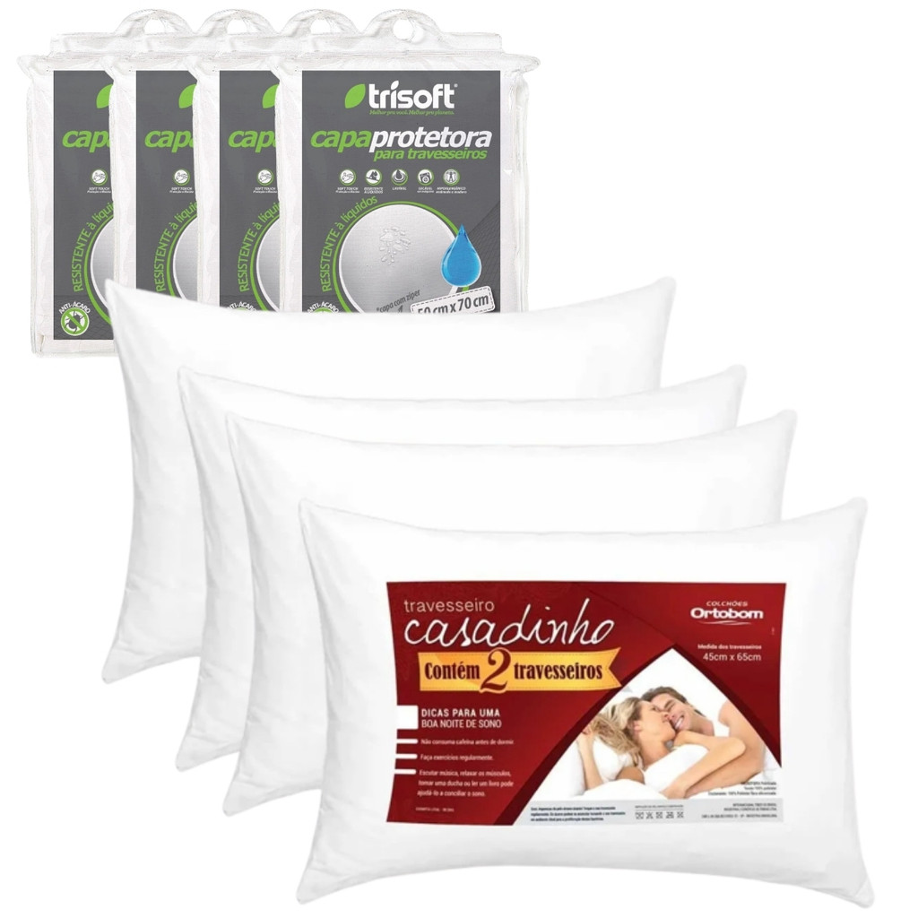 Kit Casadinho 4 Travesseiros Ortobom + 4 Capas Impermeáveis