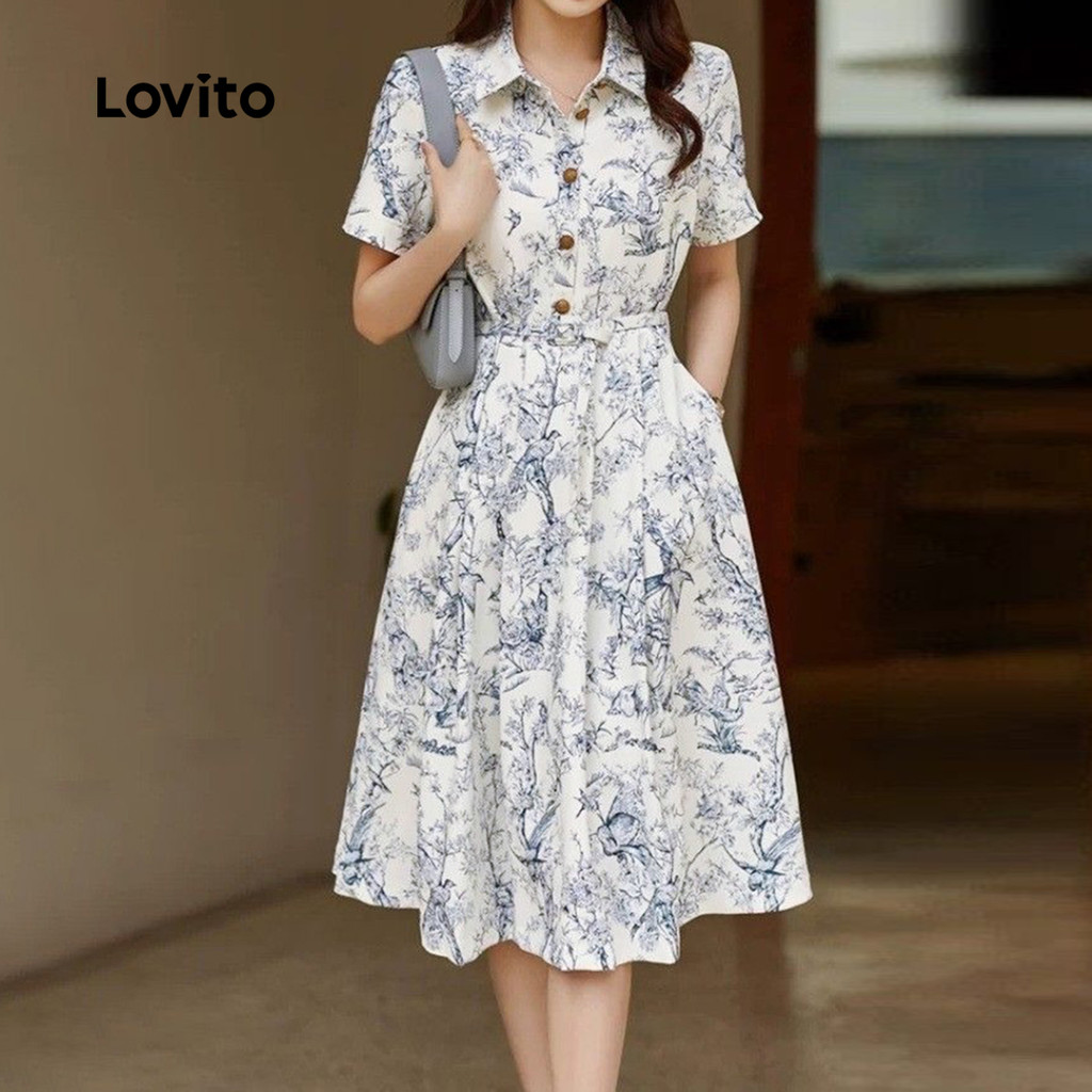 (Trendy) Lovito Vestido Casual Com Estampa De Botão Primavera/Verão Vestido Multicolorido Para Mulheres L135ED364 em Oferta na Shopee