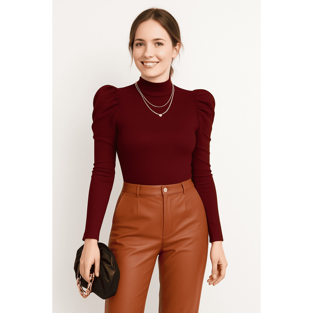 blusa feminina moderna canelada gola alta manga longa princesa blogueira