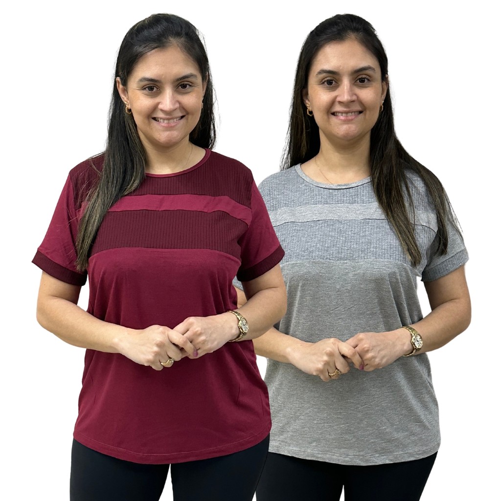 Kit 2 Blusas Manga Curta Feminina Plus Size Com Detalhes Moderna 103711-K2-DROP