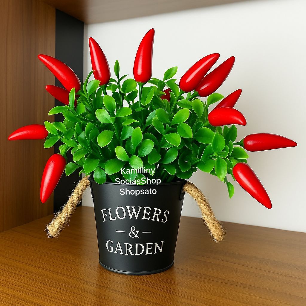 Arranjo Completo Vaso Garden Preto + Buque Pimenta Arranjinho Decoração Artificial