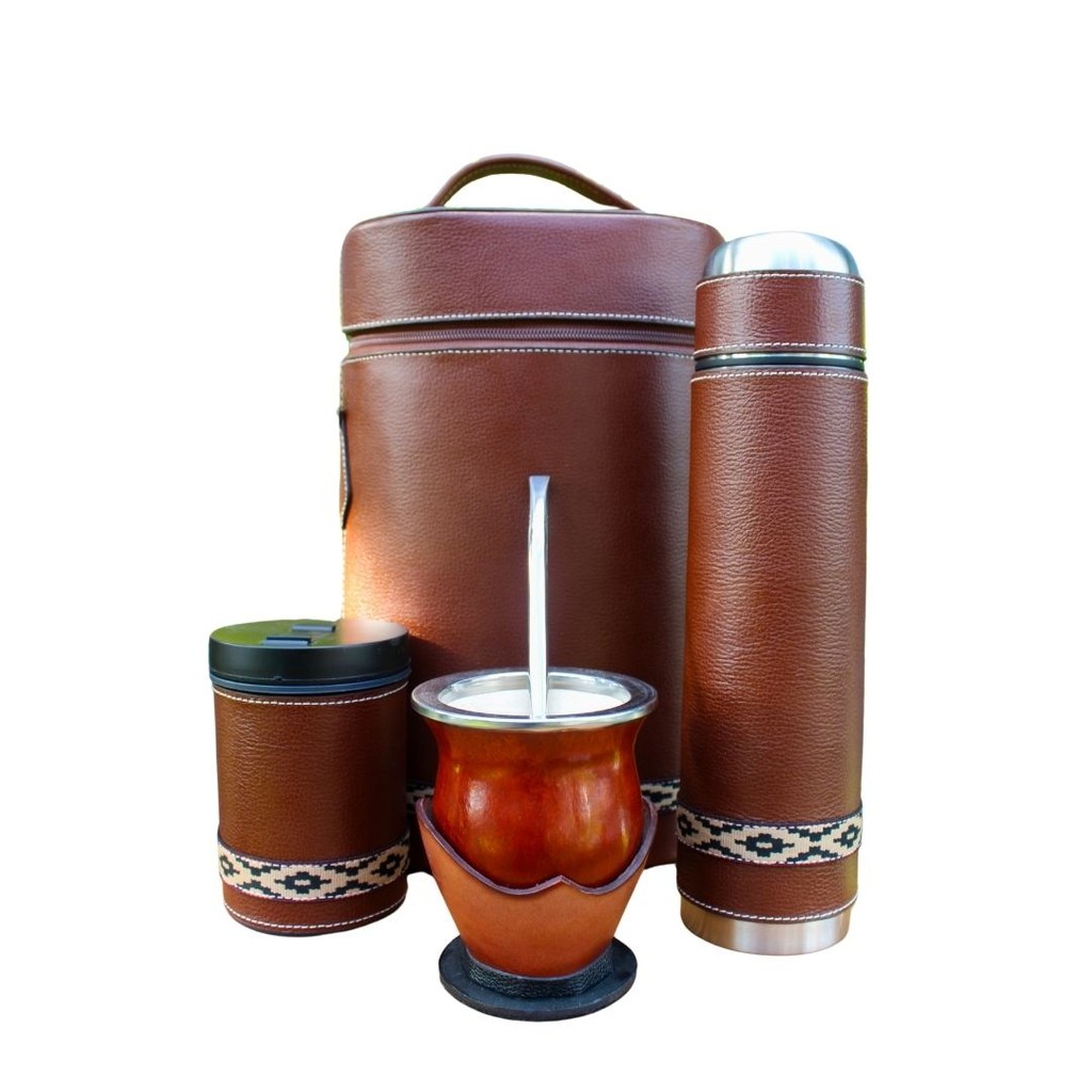 Kit chimarrão Uruguaio Couro Legítimo, Mateira, garrafa térmica, cuia coquinho, bomba inox e porta erva
