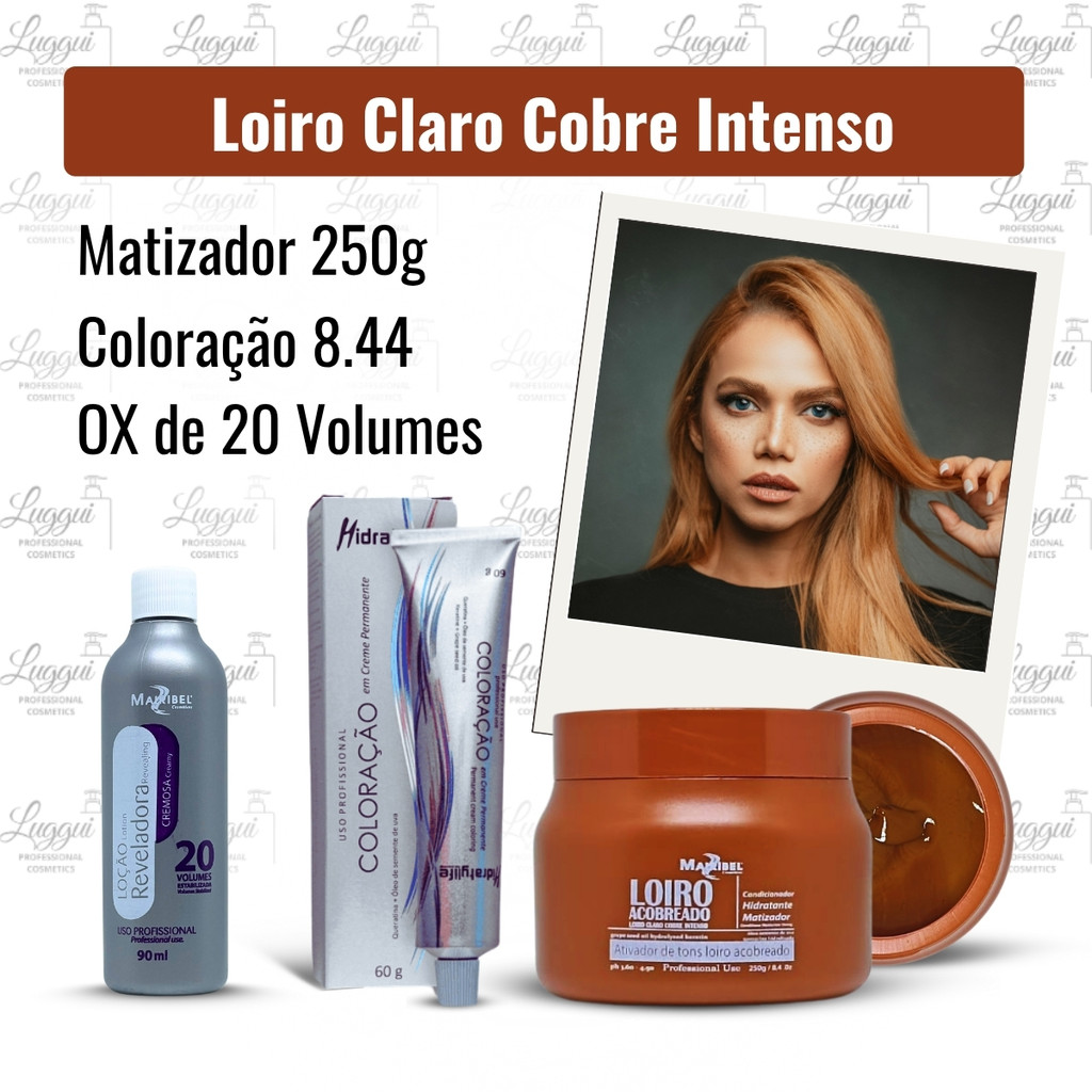Combo Loiro Claro Acobreado com Coloração 8.44 + Matizador 250g + OX 20 vol. Mairibel