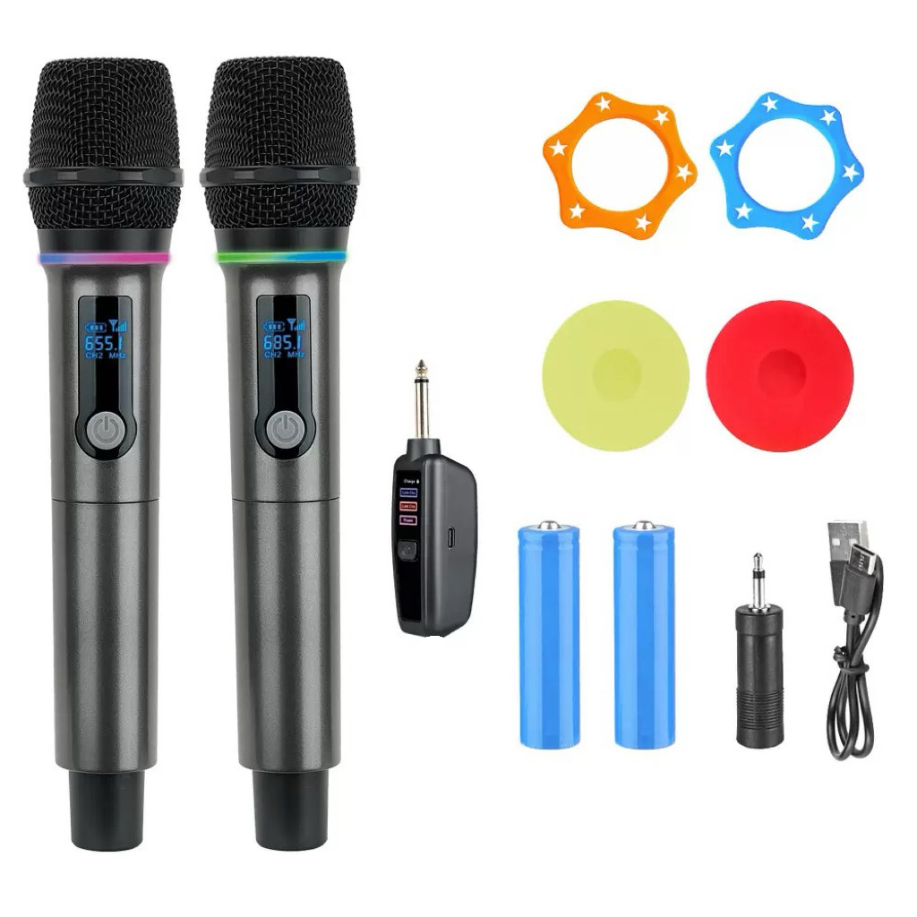 RGB Conjunto de microfone dinâmico sem fios profissional de 2 peças para karaoke, UHF recarregável em Oferta na Shopee