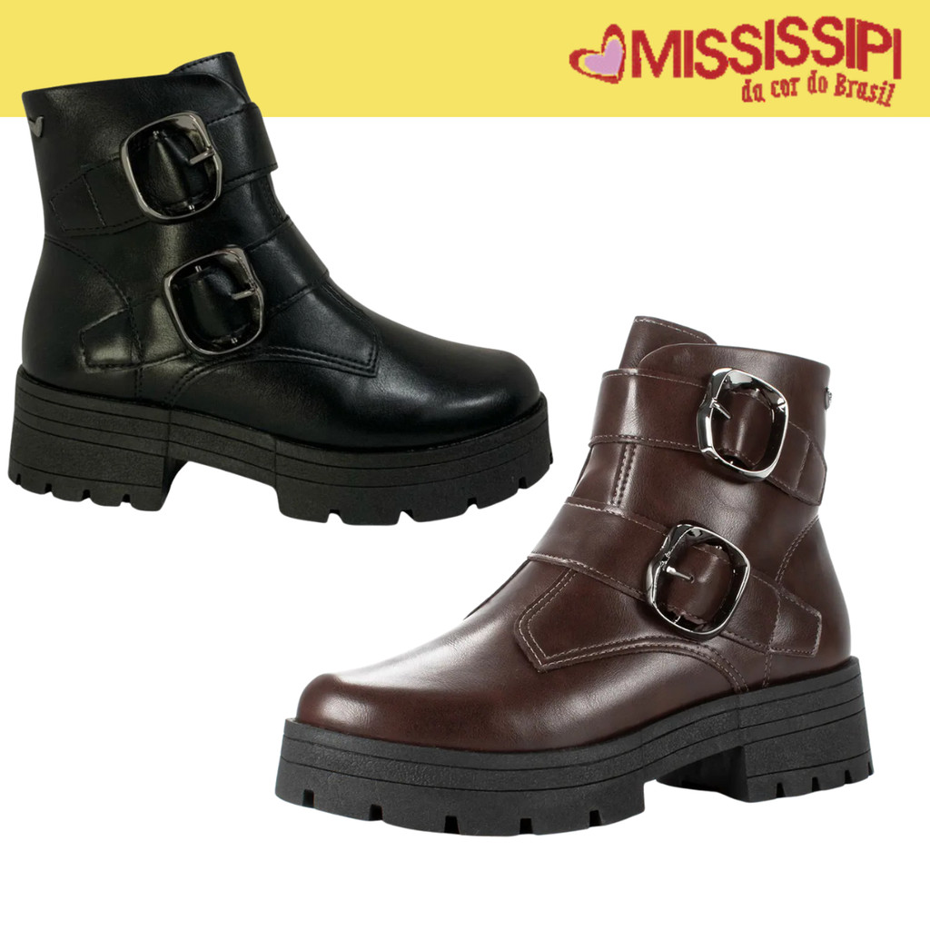 Bota Coturno Feminino Mississipi Preto Fivelas Solado Tratorado Design Moderno em Oferta na Shopee