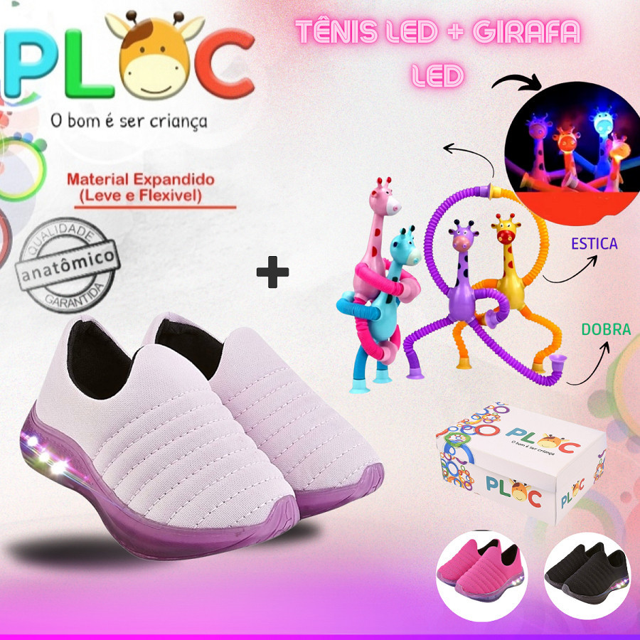 Kit Divertido Ploc LED - Tênis LED + Girafa Ploc LED Estica e Puxa ROSA MENINA