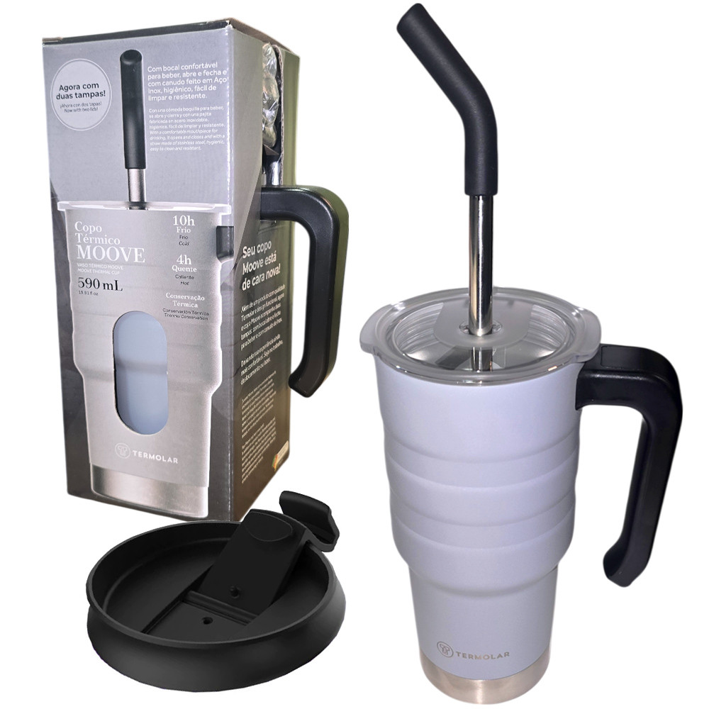 Copo Térmico Cinza Com Tampa E Canudo Inox 304 590ml Antivazamento Cafe Cha Refrigerante Termolar